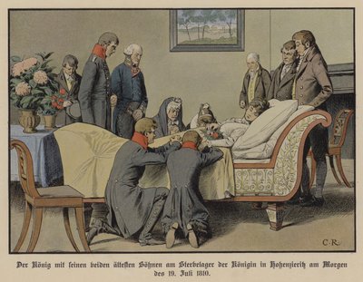 III. Frigyes Vilmos porosz király és két legidősebb fia Lujza királynő halálos ágya mellett 1810. július 19-én reggel (színes litó) alkotó: Carl Röchling