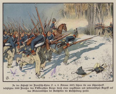 Porosz gyalogság támadás az Eylau-i csatában, 1807. február 7-8. (színes litó) alkotó: Carl Röchling