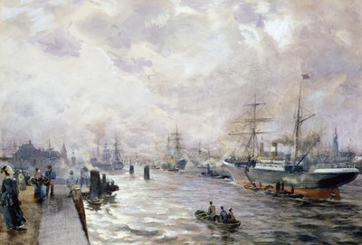 Vitorlás hajók Hamburg kikötőjében, 1889 (wc és gouache papíron) alkotó: Carl Rodeck