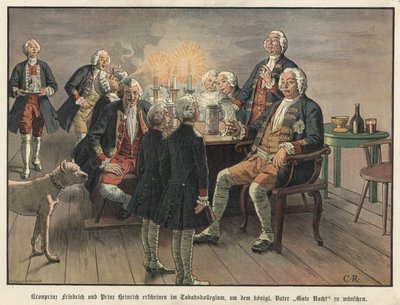 Frigyes trónörökös és Henrik porosz herceg jó éjszakát kívánnak apjuknak, a királynak. alkotó: Carl Röchling