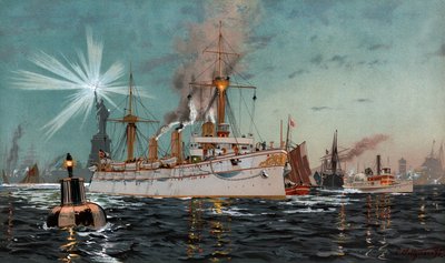 Augusta császárné elhagyja New Yorkot, C. Saltzmann kromolitográfiája 95, 13. szám, G. Wislicenus, Unsre Kriegsmarine. alkotó: Carl Saltzmann