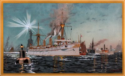 Auguszta császárnő elhagyja New Yorkot, C. Saltzmann 95-ös kromolitográfiája, nr13, G. Wislicenus, Unsre Kriegsflotte című művéből. alkotó: Carl Saltzmann