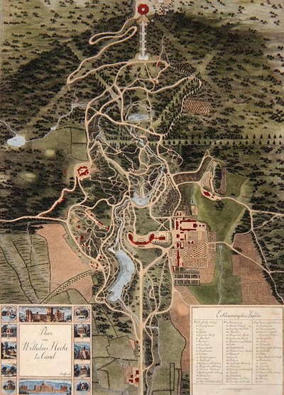 A Kassel melletti Wilhelmshohe terve (színes rézkarc) alkotó: Carl Schaeffer