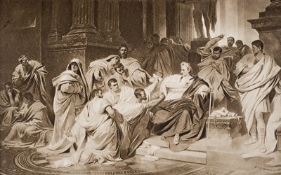 Caesar meggyilkolása, illusztráció H. G. Wells 1920-ban megjelent "A történelem vázlata" című könyvének I. kötetéből (litográfia). alkotó: Carl T. von (after) Pilotz