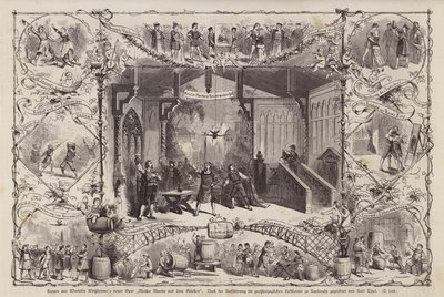 Jelenetek Wendelin Weissheimer német zeneszerző Meister Martin und Seine Gesellen (Martin mester és társai) című operájából, a Grossherzoglichen Hoftheaterben, Karlsruhe, Németország (metszet) alkotó: Carl Thiel