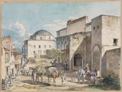 Utcai parti Athénban. Hadji Hazekis palotával és Tzistarakis mecsettel alkotó: Carl Wilhelm Heideck