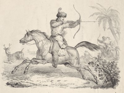 Kozákok lóháton vadászó szarvasok, 1821-36. alkotó: Carle Vernet