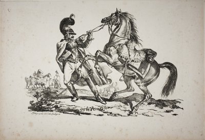Cuirassier lábon tartja vissza a nevelő lovát alkotó: Carle Vernet
