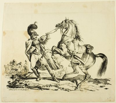 Cuirassier lábon megfékezi a nevelő lovát alkotó: Carle Vernet