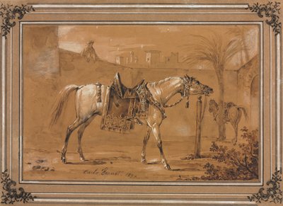 Nyergelt arab ló az udvaron alkotó: Carle Vernet