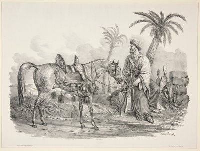 Ülő arab, aki egy arab ló kantárját tartja alkotó: Carle Vernet