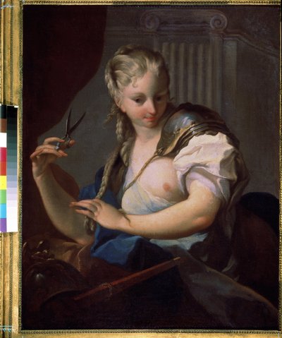 Jeanne of Arc (1412-1431) ollóval vágja a fonatát (Joan of Arc). Carle Van Loo (1705-1765) festménye. Olaj, vászon, 94,5 x 73 cm alkotó: Carle van Loo