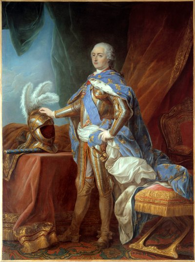 XV. Lajos (1710-1774) lábán álló portré, páncélban, sisakra helyezett kéz. Carle Van Loo (1705-1765) festménye, olaj, vászon (271 x 193 cm) alkotó: Carle van Loo