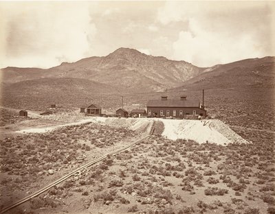 A Sutro-alagút épületei, 1875, nyomtatott kb. 1876. alkotó: Carleton Emmons Watkins