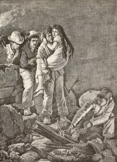 Egy lányt megmentettek otthona összeomlása után, az olaszországi Casamicciola földrengés, metszet E Sanesi rajzáról és Carlo Ademollo (1824-1911) festményéről, L