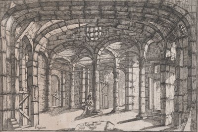 Börtön belseje, amelyben egy nő ül, kb. 1680-1710. alkotó: Carlo Antonio Buffagnotti
