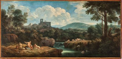 Táj folyóval, antik divatba öltözött munkásokkal és faluval Carlo Antonio Tavella dit Il Solfarola (1668-1738) festménye Musei di Strada Nuova (ex Palazzo Bianco) Genes, Olaszország alkotó: Carlo Antonio Tavella