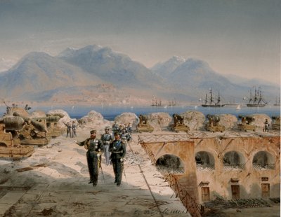 Gaeta ostroma, a nemrég elfoglalt erődítmények ellenőrzése (tempera) alkotó: Carlo Bossoli