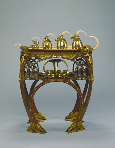 Tálca tejszínes kancsóval, fedett cukortartóval, teáskannával, forróvizes fazékkal és szalverrel, kivitelező: Adrien-Aurélien Hebrard alkotó: Carlo Bugatti