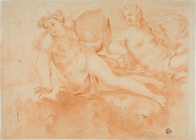 Két felhőkön álló női akt (recto); fekvő alak töredéke (verso) alkotó: Carlo Cignani