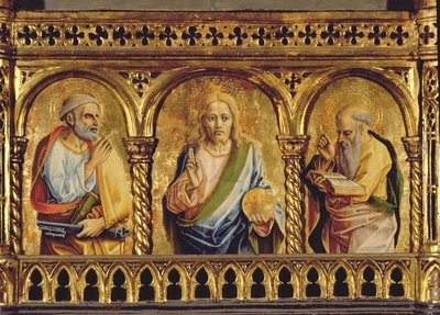 Krisztus Szent Péterrel és Szent Pállal, részlet a SantEmidio poliptichon temperából a 76636-os táblarészleten alkotó: Carlo Crivelli