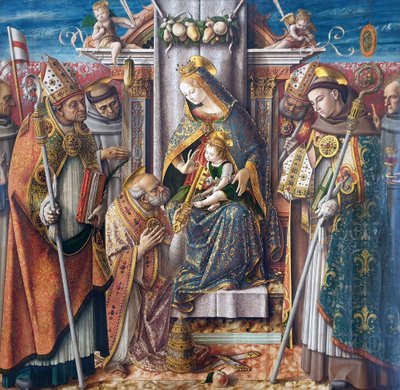 Német: Legyező Madonna a gyermekkel, a kulcsok átadása Szent Péter apostolnak, valamint Capistranus Szent János, Szent Emidius, Szent Ferenc, Toulouse-i Szent Lajos, Boldog Giacomo della Marca és egy püspök Legyező Madonna a gyermekkel, a kulcsok átadása S alkotó: Carlo Crivelli