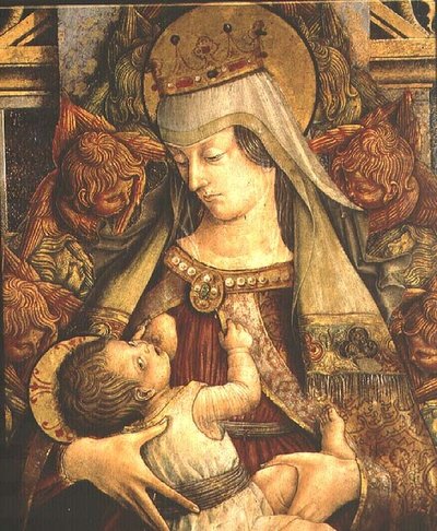 Madonna gyermekét szopja, részlet (tempera, tábla) alkotó: Carlo Crivelli