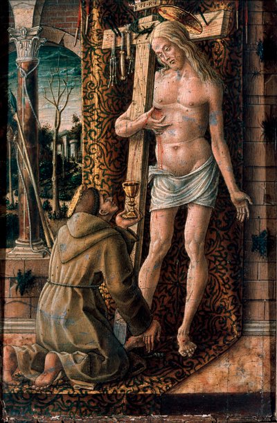 Assisi Szent Ferenc fára gyűjti Detrempe Krisztus vérét Carlo Crivelli (1430 / 35-1494 / 1500) 1480-1486 V. 19x13 cm Milánó, Museo Poldi Pezzoli alkotó: Carlo Crivelli