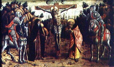 A Crucifixion, középső bal oldali predella panel a San Silvestro poliptichonból alkotó: Carlo Crivelli