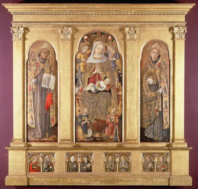 Szűz és gyermek Bonaventura és Toulouse-i Lajos szentekkel, 1489 körül (tempera arany- és olajmázzal a panelen) alkotó: Carlo Crivelli