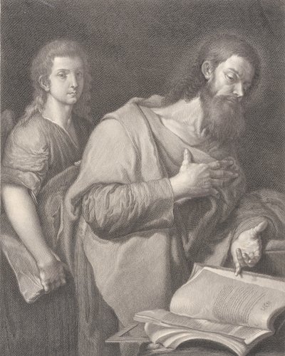 Szent Máté, jobb oldalon egy könyv előtt áll, kezével a mellkasán, egy másik ember..., 1750-84 alkotó: Carlo Faucci