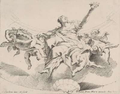 A hatalom, amelyet egy felhőkön ülő, koronát tartó, puttival körülvett nő képvisel,..., 1725-75. alkotó: Carlo Innocenzo Carloni