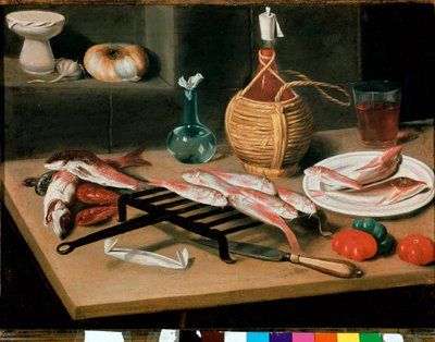 Csendélet-asztal grillezett haltányérokkal (mollett) és üveg borral (damigiana). Carlo Magini (1720-1806) festménye. Faenza, Pinacoteca comunale alkotó: Carlo Magini