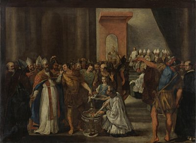 Konstantin császár ariánus könyveket éget, 1640-es évek alkotó: Carlo Magnone