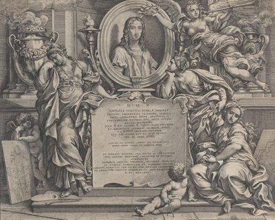 Előlap Raphael ovális portréjával, a Művészetek sup... három allegorikus alakjával, 1675. alkotó: Carlo Maratti
