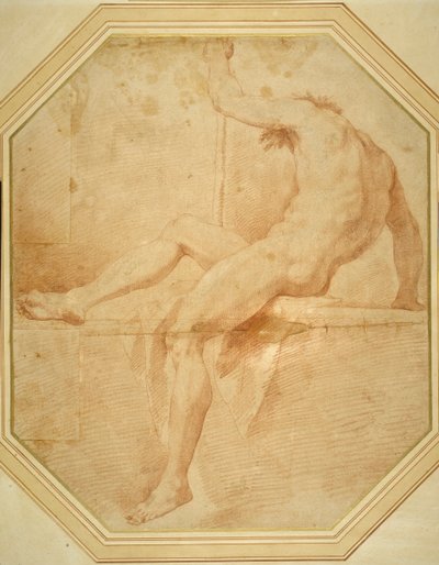 Meztelenül ül és elfordul, bal kezében egy botot markol (piros kréta fehér papíron) alkotó: Carlo Maratti