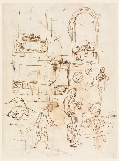Rajz, építészeti és figurális vázlatok, 1760 körül. alkotó: Carlo Marchionni