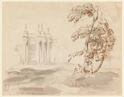 Rajz, Fa tájképben épülettel, 1756-78 alkotó: Carlo Marchionni