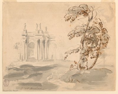 Rajz, Fa tájképben épülettel, 1756-78 alkotó: Carlo Marchionni