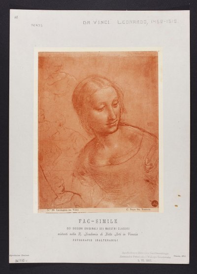 Studie eines weiblichen Büstenbildes, Zeichnung von Leonardo da Vinci (1452-1519) aus der Sammlung der R. Accademia di Belle Arti in Venedig; Tafel aus der Mappe: "Fac-simile dei disegni originali dei maestri classici esistenti nella R. Academia di Belle A alkotó: Carlo Naya