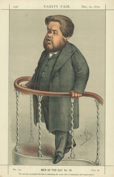 The Rev Charles Spurgeon, Senkinek sem sikerült nála jobban felvázolni a bűnbánat és az újjászületés komikus oldalát, 1880. július 17., Vanity Fair karikatúra. alkotó: Carlo Pellegrini