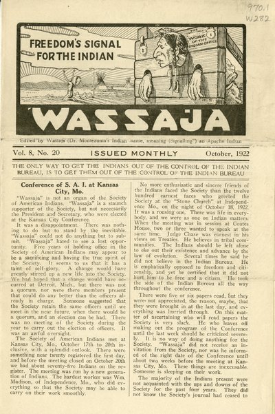 Wassaja, Vol. 8., 20. szám, 1922. október alkotó: Carlos Montezuma