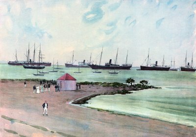 Elfogott spanyol hajókat a Man-of-War Harbor horgonynál, Key Westben. Kilátás az Esplanade-ról az Egyesült Államok hadseregének laktanya közelében alkotó: Carlton Theodore Chapman