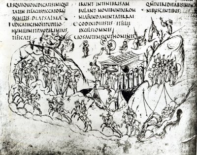 Különféle jelenetek, amelyek egy zsoltárt illusztrálnak, az Utrechti zsoltárból, a reimsi eredeti másolata jelenleg az Utrechti Egyetemi Könyvtárban (toll és tinta) alkotó: Carolingian School