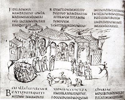 Különféle jelenetek, amelyek egy zsoltárt illusztrálnak, az Utrechti zsoltárból, a reimsi eredeti másolata jelenleg az Utrechti Egyetemi Könyvtárban (toll és tinta) alkotó: Carolingian School