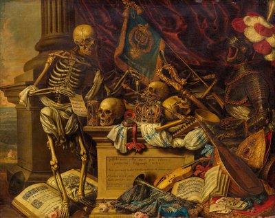 Vanitas csendélet hangszerekkel, könyvekkel, kottákkal, csontvázzal, koponyával és páncélzattal, 17. sz. alkotó: Carstian Luyckx