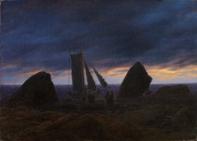 Német: Fischerboot zwischen Findlingen am Ostseestrand Halászcsónak két szikla között a Balti-tenger partján alkotó: Caspar David Friedrich