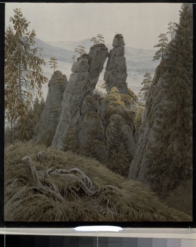 A sziklák kapuja Neurathenben (Németország). (The Rock Gates in Neurathen). Caspar David Friedrich (1774-1840) munkája, akvarell papírra, 1826 és 1828 között. 19. századi német művészet, romantika. Állami Ermitázs, Szentpétervár. alkotó: Caspar David Friedrich