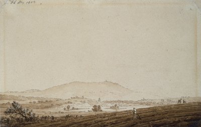 Táj Csehországban, kilátással a Jeschken-hegyre, 1803 (toll- és tintamosás papíron) alkotó: Caspar David Friedrich