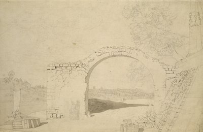Folyói táj boltívvel (befejezetlen) (ceruza, toll és WC papíron) alkotó: Caspar David Friedrich